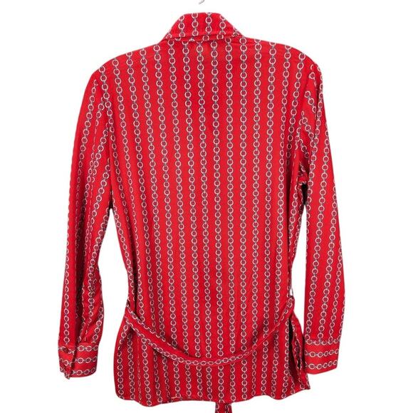 Vtg Sunny South Shirt Womens Medium Red Chain Print Long Sleeve Button Belted - Picture 2 of 8